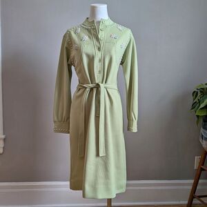 Vintage 1960s Kitty Green Midi Dress Button Front Beaded Floral Mod Size 9